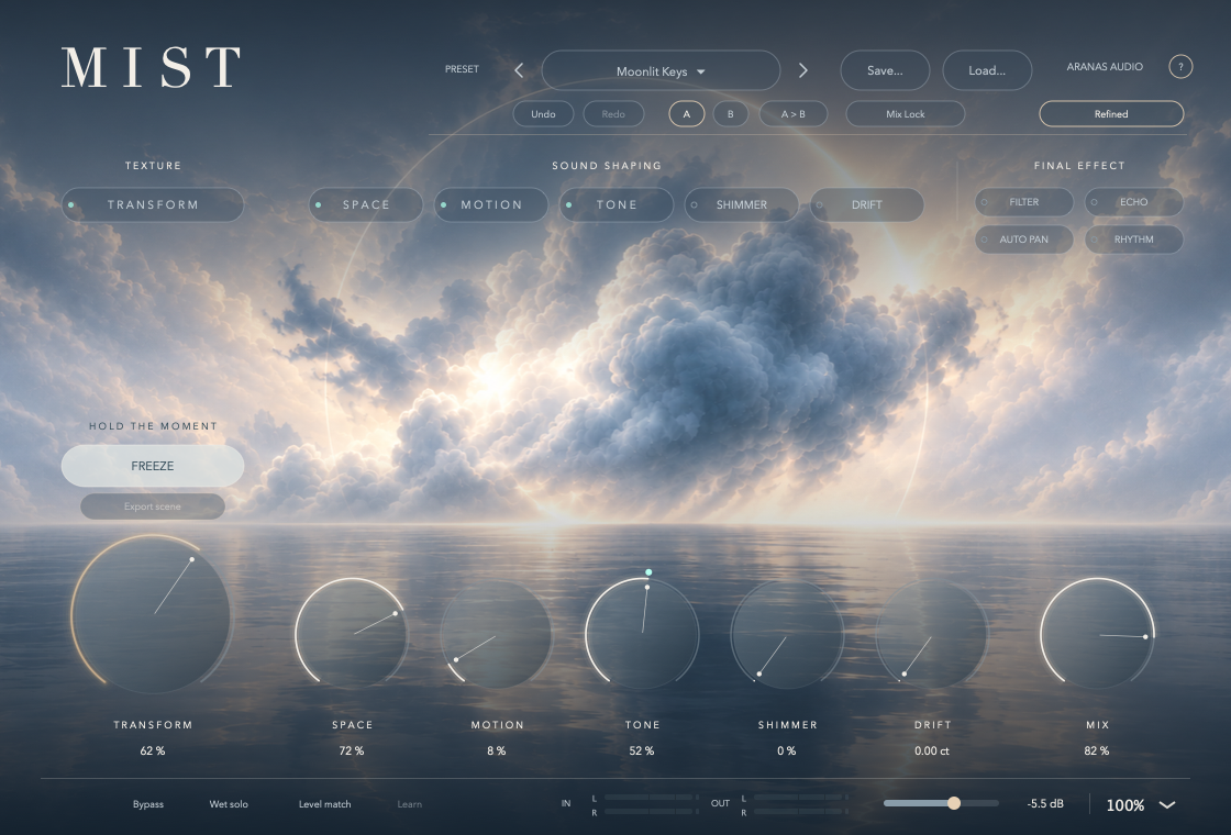 MIST 0.12.10 實際介面:雲霧與湖面背景,Transform、Space、Motion 與其他音色控制。 MIST 0.12.10 interface: clouds and lake scenery, with Transform, Space, Motion and sound-shaping controls.